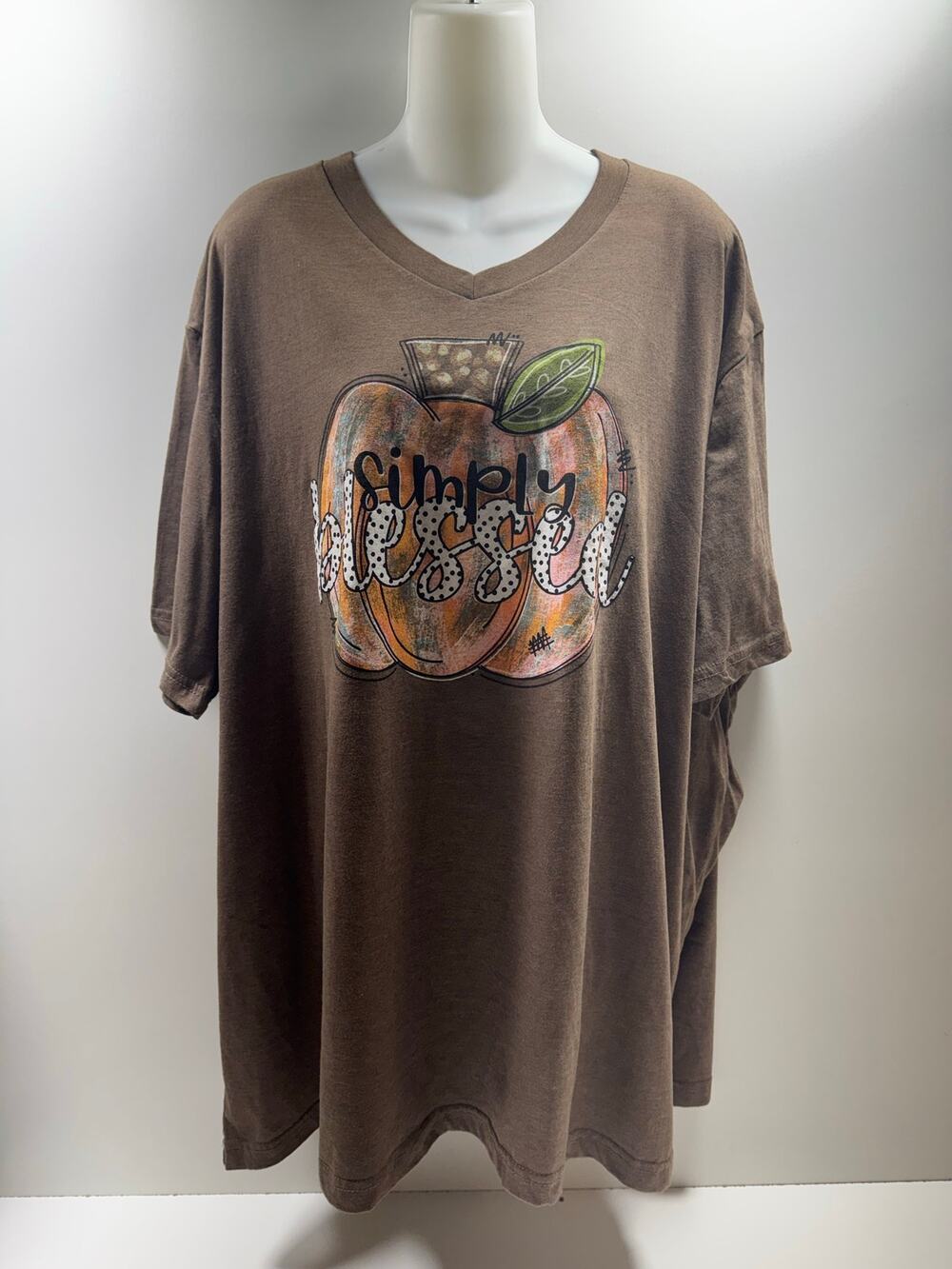 Simply Blessed Women’s Fall Pumpkin Graphic T Shirt V Neck Sz 4 XL Plus Sz Brown